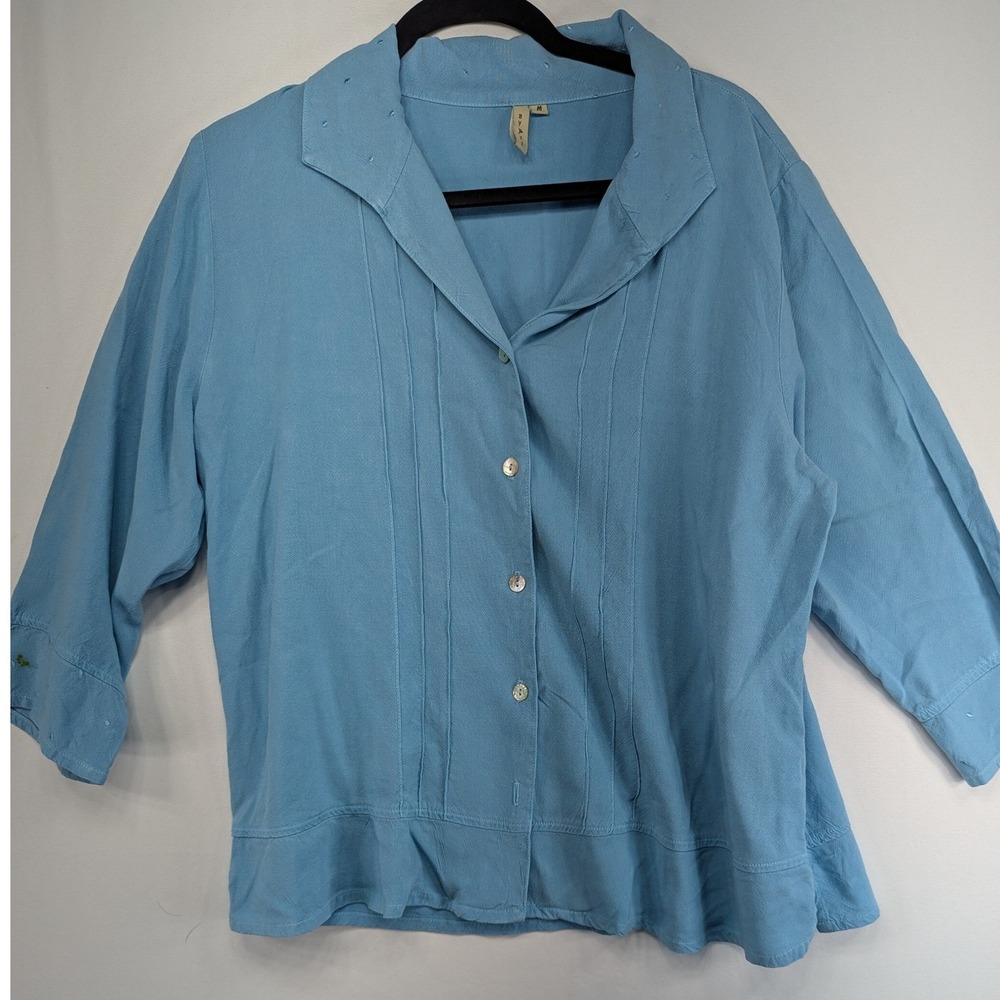 BY J.J. Blue Tencel Rayon Pintuck Button Up Blouse 3/4 Sleeve Size M Made in USA